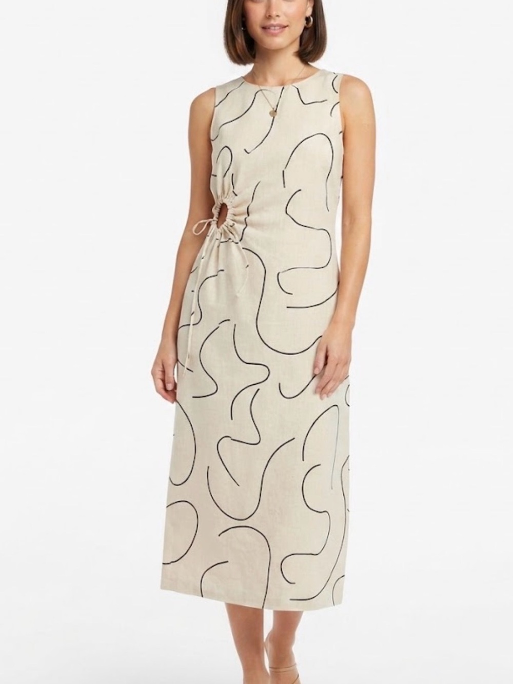 Magaschoni Linen Abstract-Print Side Cutout Midi Dress Size XS 2